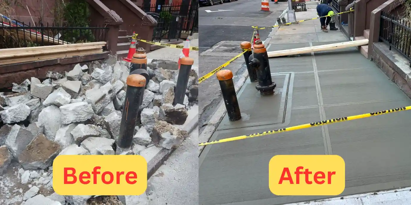 before and after comparison of a repaired sidewalk in nyc